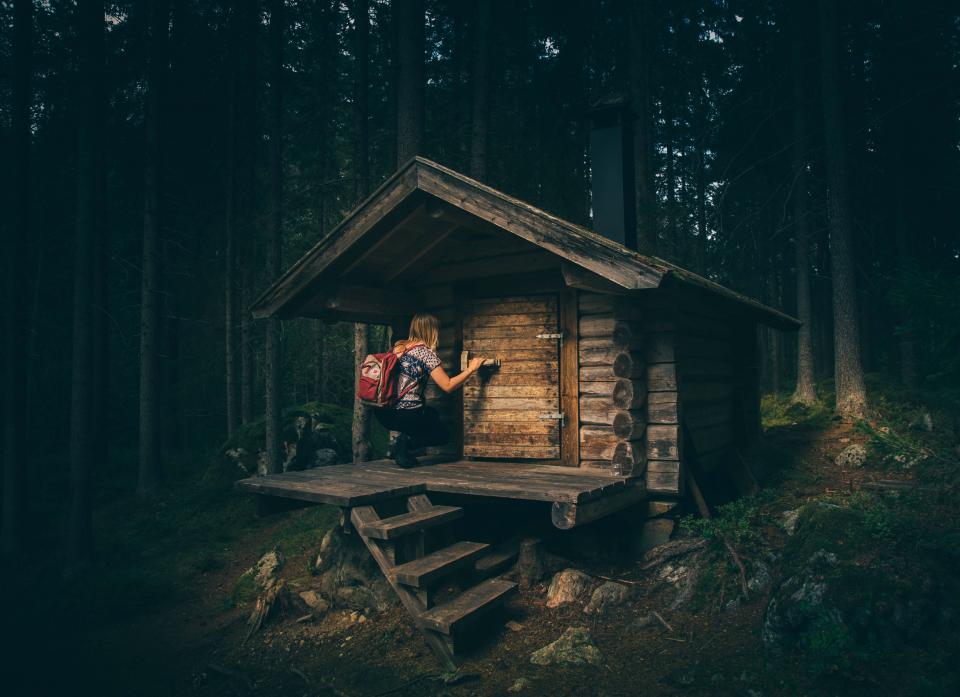a person entering a small log cabin in a forest with tall trees
