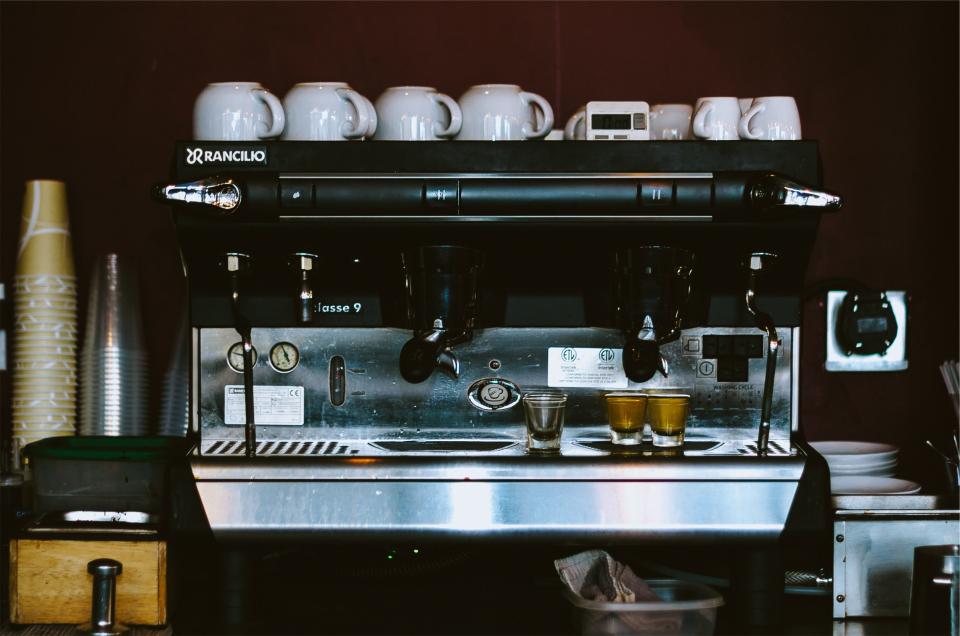 an espresso machine in a restaurant's kitchen