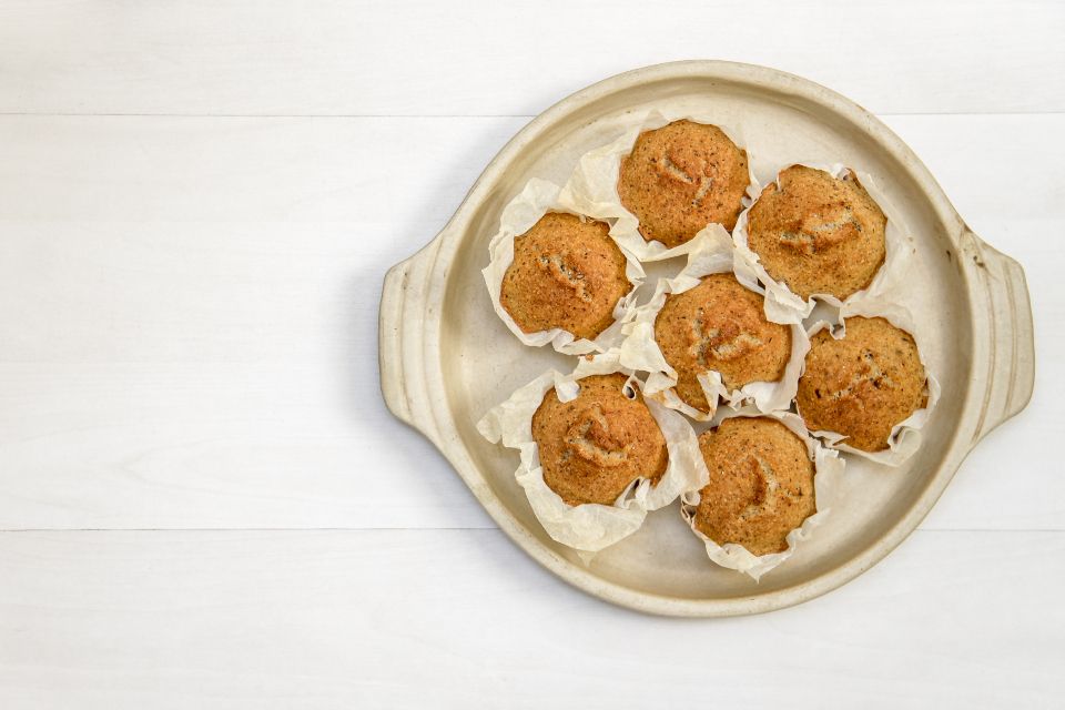 a round pan of muffins sit on a white surface