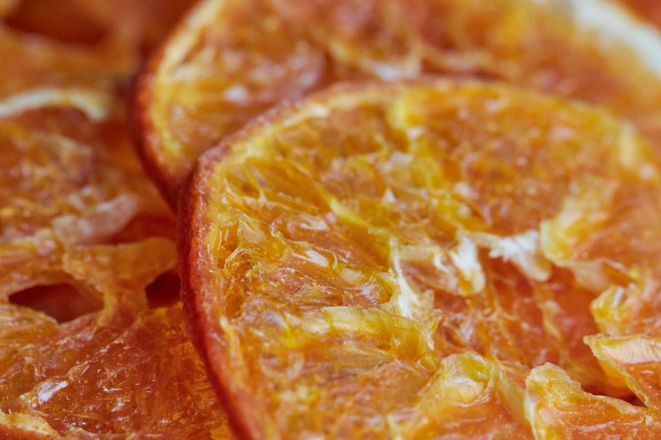 macro shot of a dehydrated orange slices