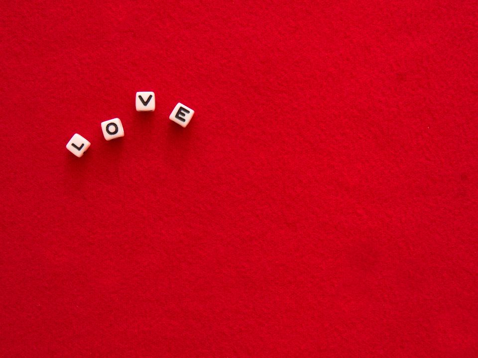 block letters spell out the word "love" on a textured red surface