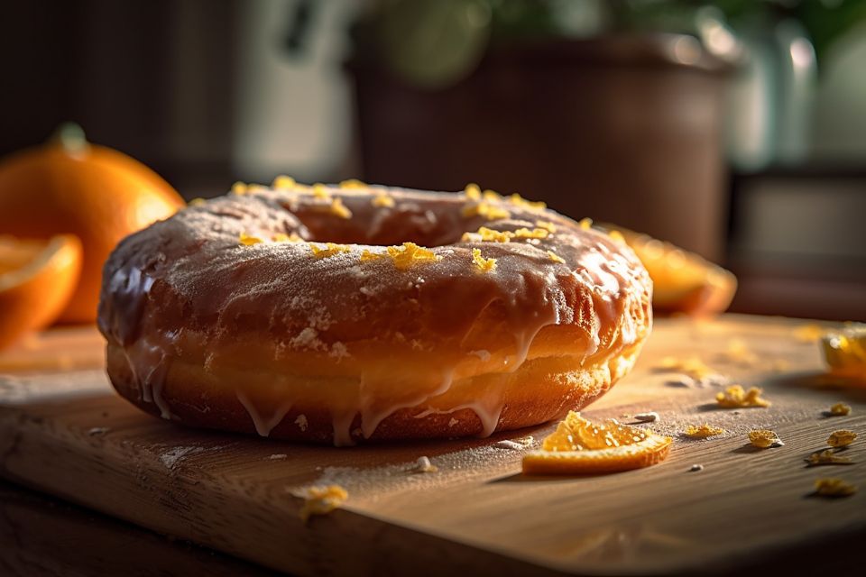 food photograph of a glazed donut with citrus fruit surrounding it